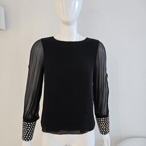Alice + Olivia Vix Black Sheer Embellished Sleeve Top, Size Small